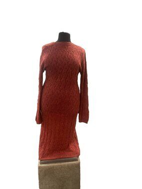 Cider Wool-Blend Metallic Maxi Dress Round Neck Long Sleeve Rust Red Large